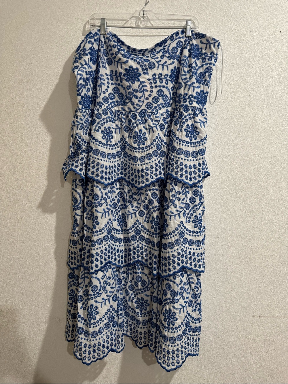 ARULA Blue and White Tiered Eyelet Midi Dress